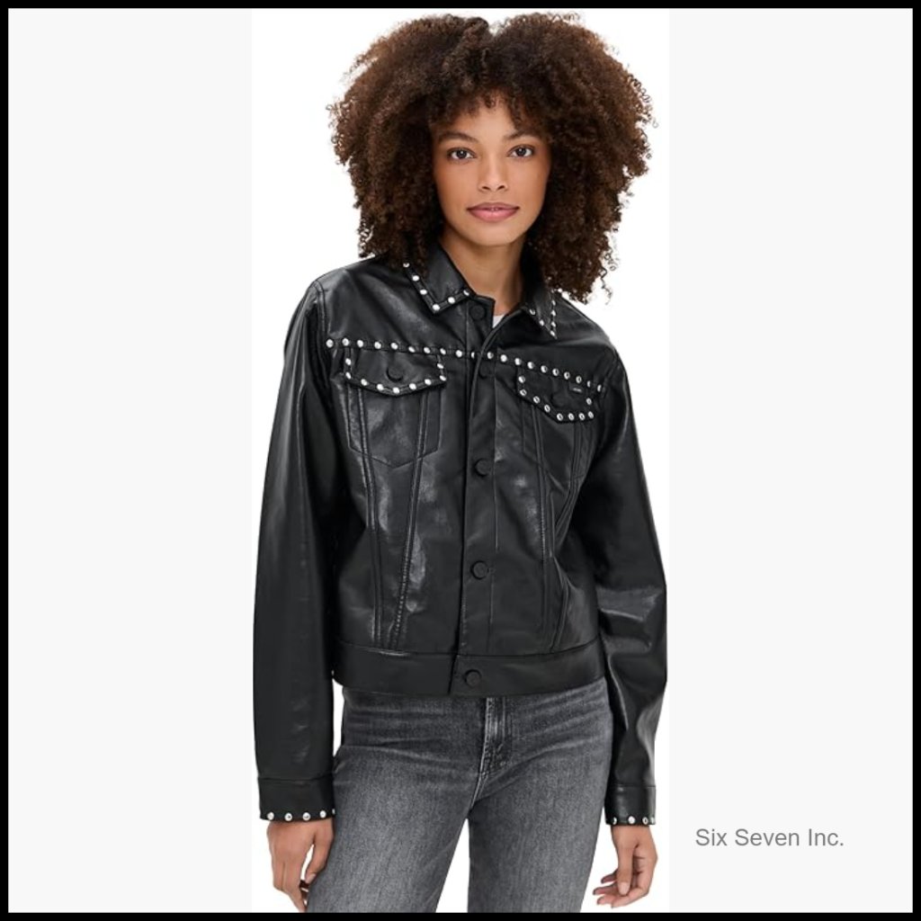 Faux Leather Biker Jacket With Studded Trim And Flap Pockets